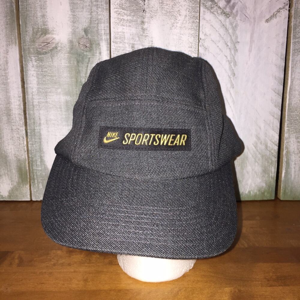 VINTAGE Nike Hat Cap Strap Back Gray Gold Panel Swoosh Logo Casual Mens